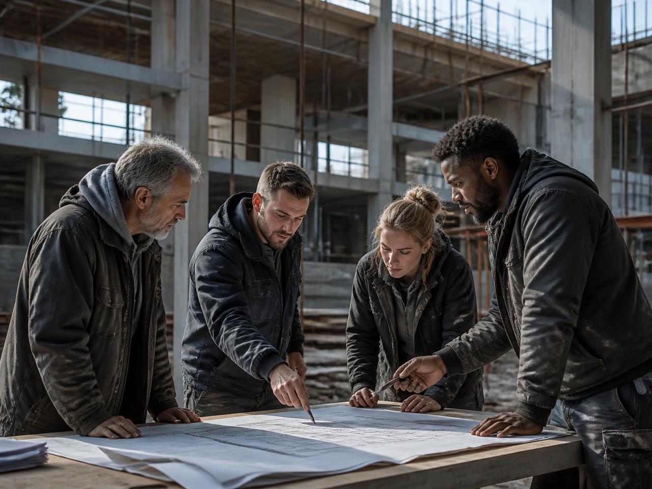 A site leader and their team working through a problem around drawings on site