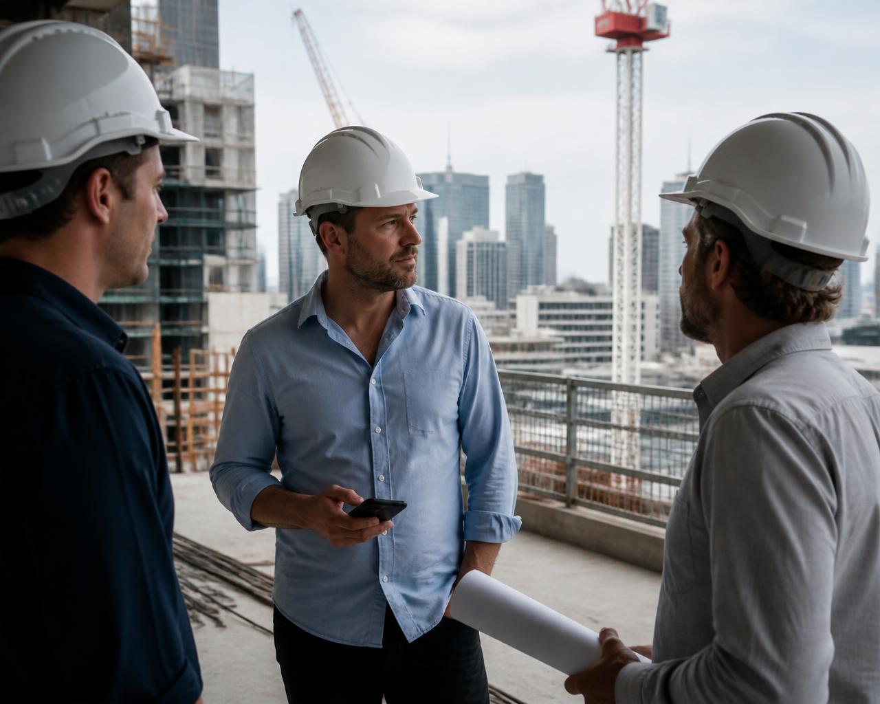 Project leader coordinating colleagues on an elevated concrete deck